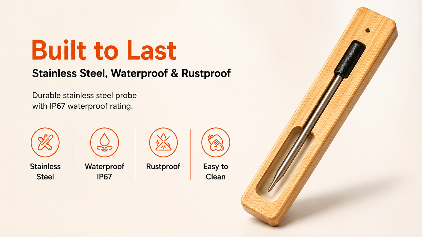 Smart Meat Thermometer Pro™ – Eco-Friendly Wireless BBQ Thermometer with Smart App | FDA, CE & RoHS Certified | Waterproof Ultra-Accurate Probe for Grill, Smoker & Oven