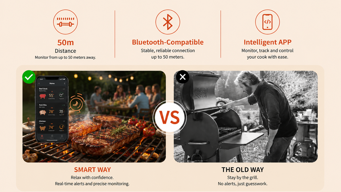 Smart Meat Thermometer Pro™ – Eco-Friendly Wireless BBQ Thermometer with Smart App | FDA, CE & RoHS Certified | Waterproof Ultra-Accurate Probe for Grill, Smoker & Oven