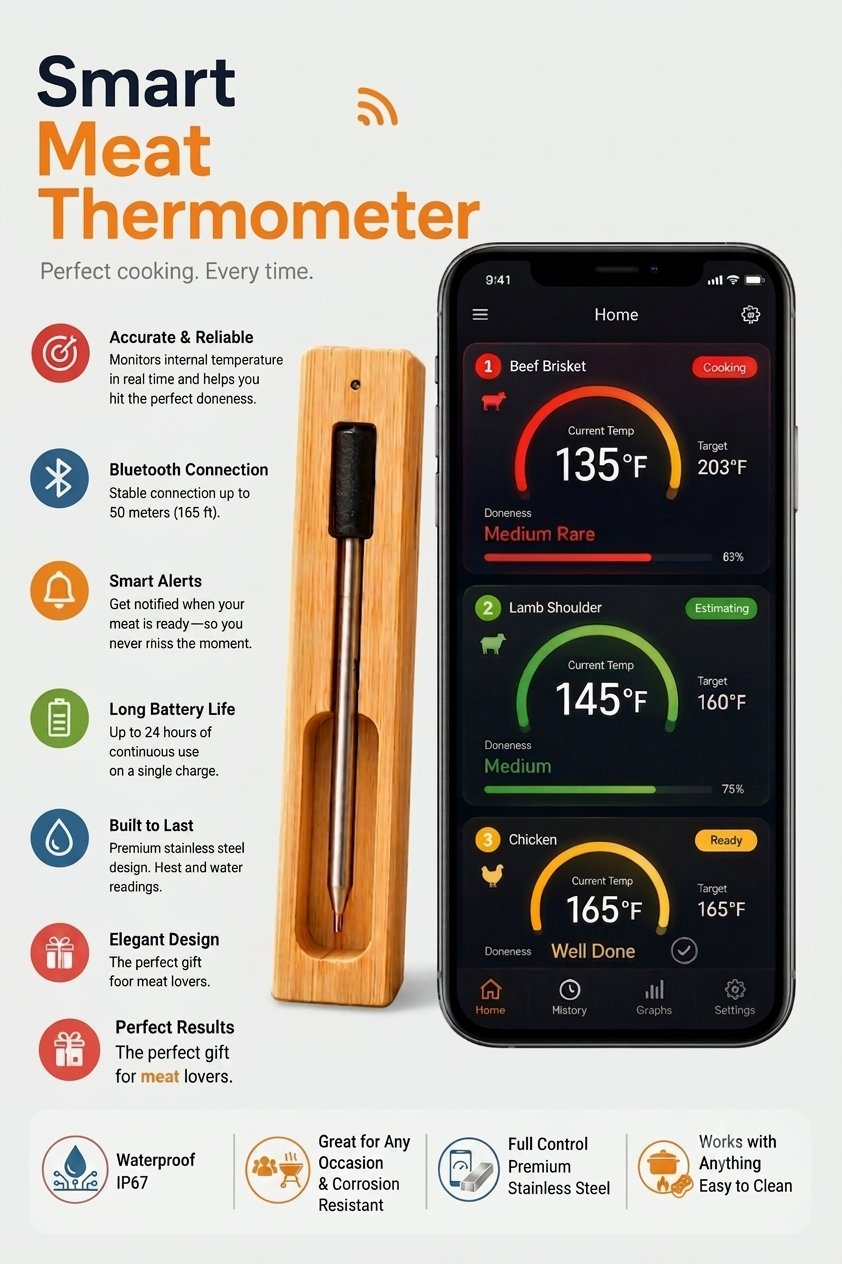Smart Meat Thermometer Pro™ – Eco-Friendly Wireless BBQ Thermometer with Smart App | FDA, CE & RoHS Certified | Waterproof Ultra-Accurate Probe for Grill, Smoker & Oven